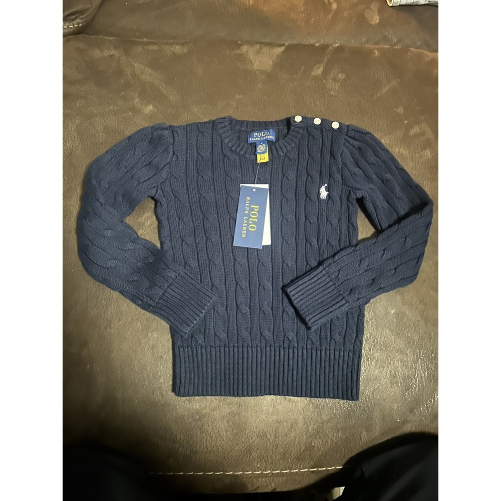 Polo Ralph Lauren Sweater Navy Girls 5 Cable-Knit Cotton Pullover Long Sleeve